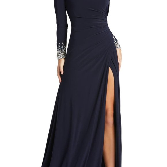 Ieena Mac Duggal 12231A One Shoulder Long Sleeve Jersey Gown SZ 0 Midnight - Picture 1 of 2